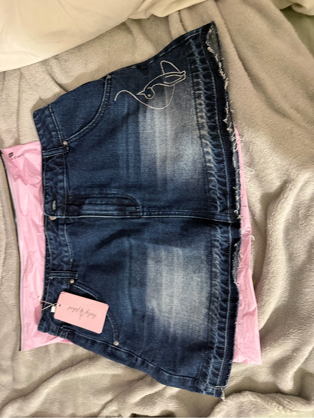 Baby Phat Dark Blue Denim Mini Skirt with Embroidered Cat Detail